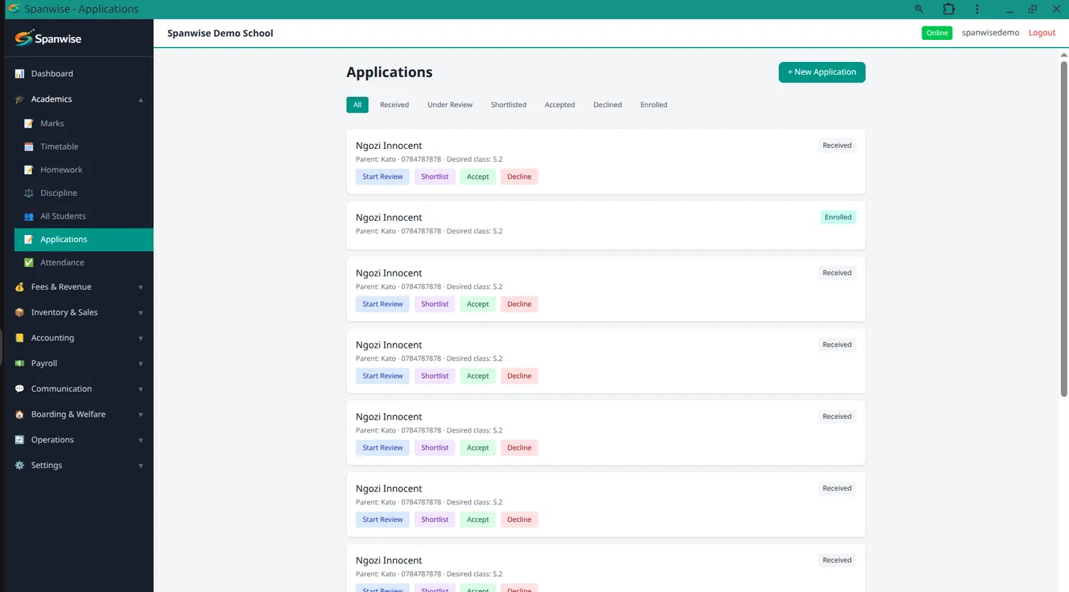 Applications awaiting review, with accept and decline actions.