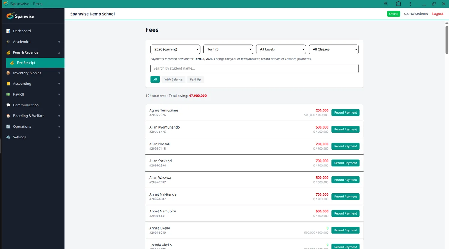 The fee balances list, showing each student and what they still owe.