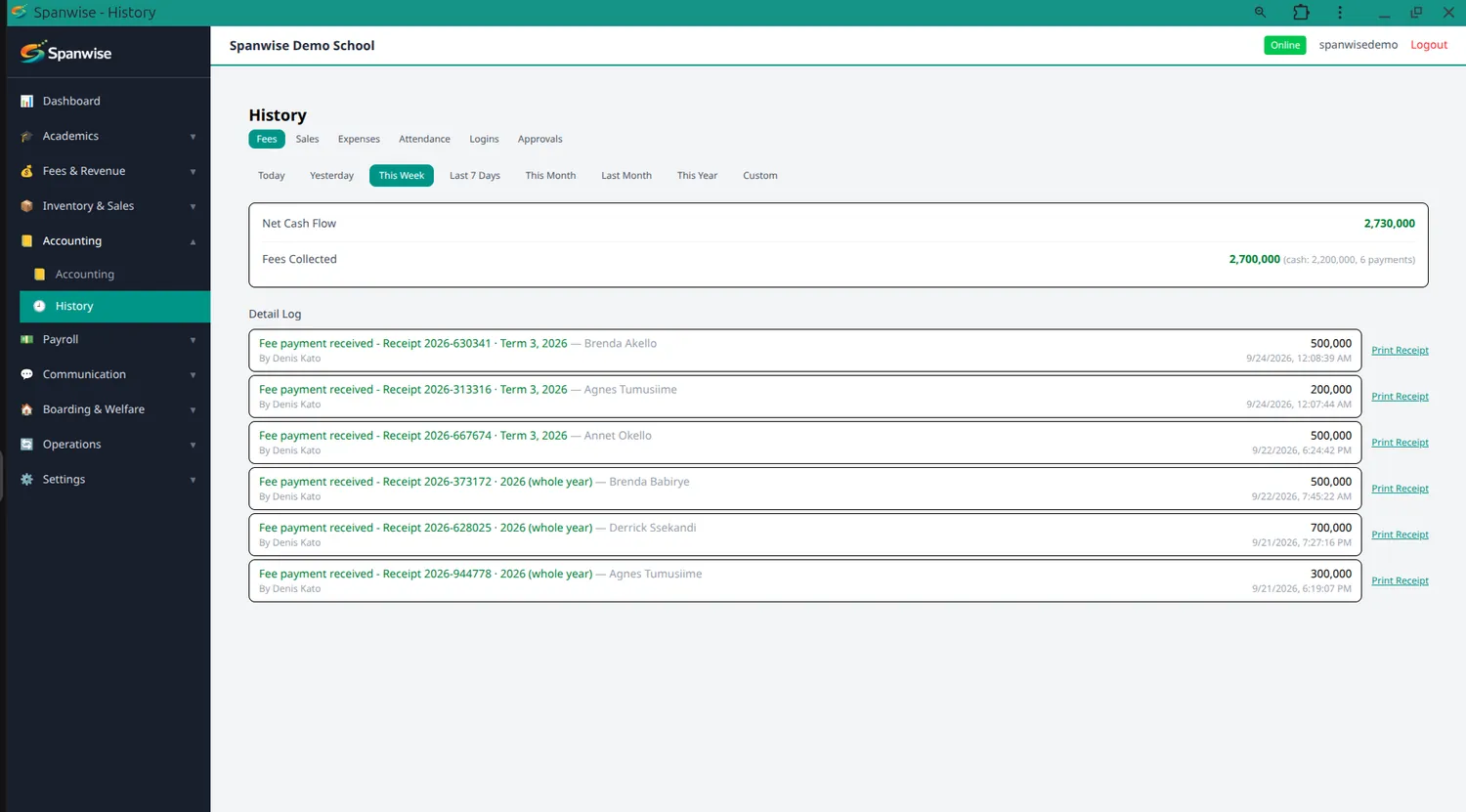The history screen showing cash in and out with every payment listed.