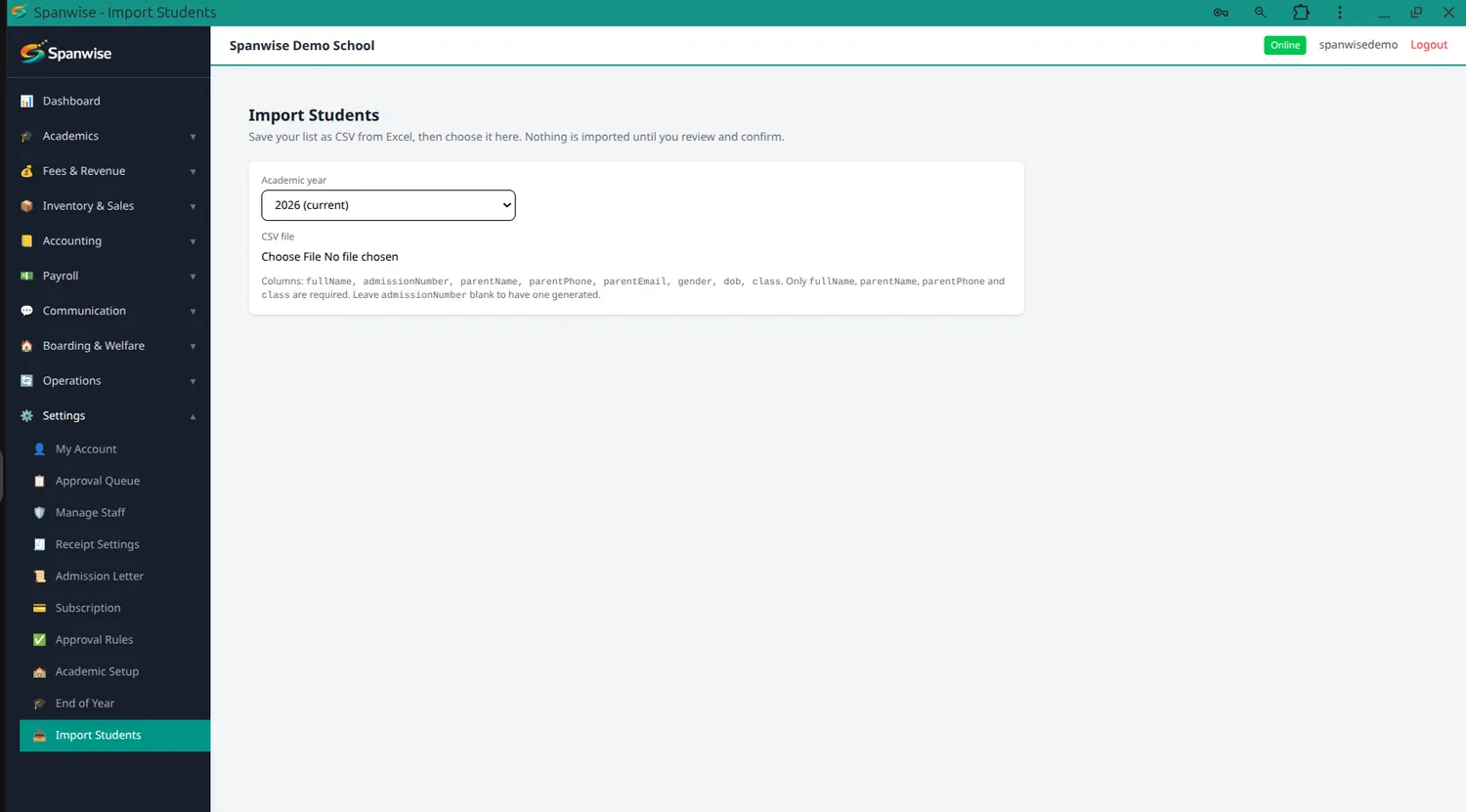 The student import screen, showing the columns a CSV file needs.