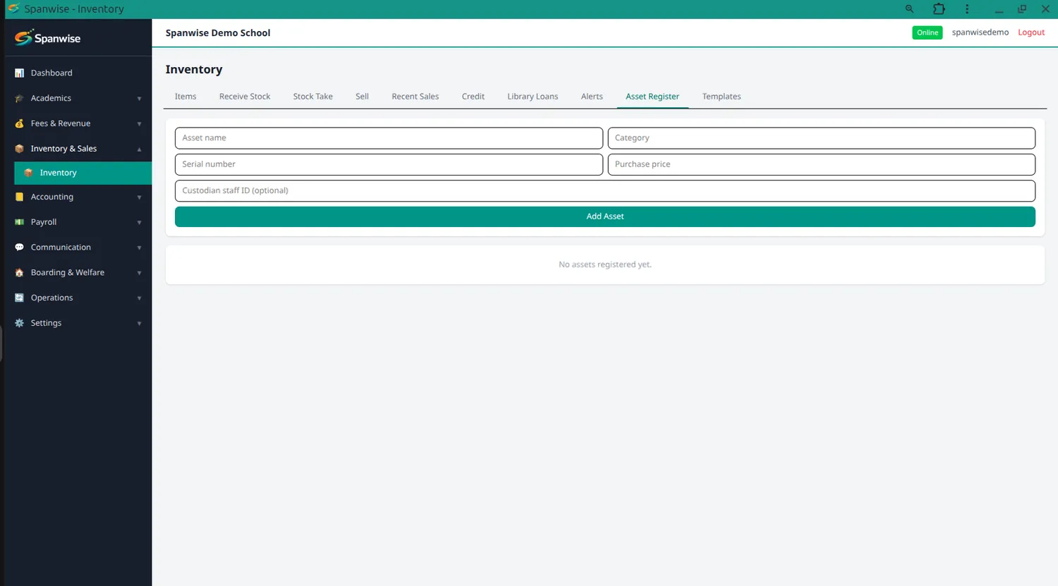 The inventory screen for stock and assets.