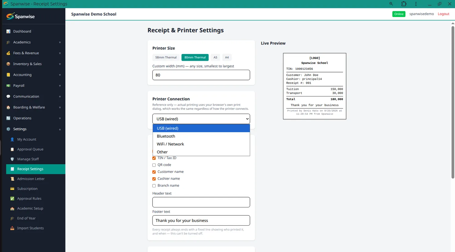 Receipt settings with a live preview of the printed receipt.