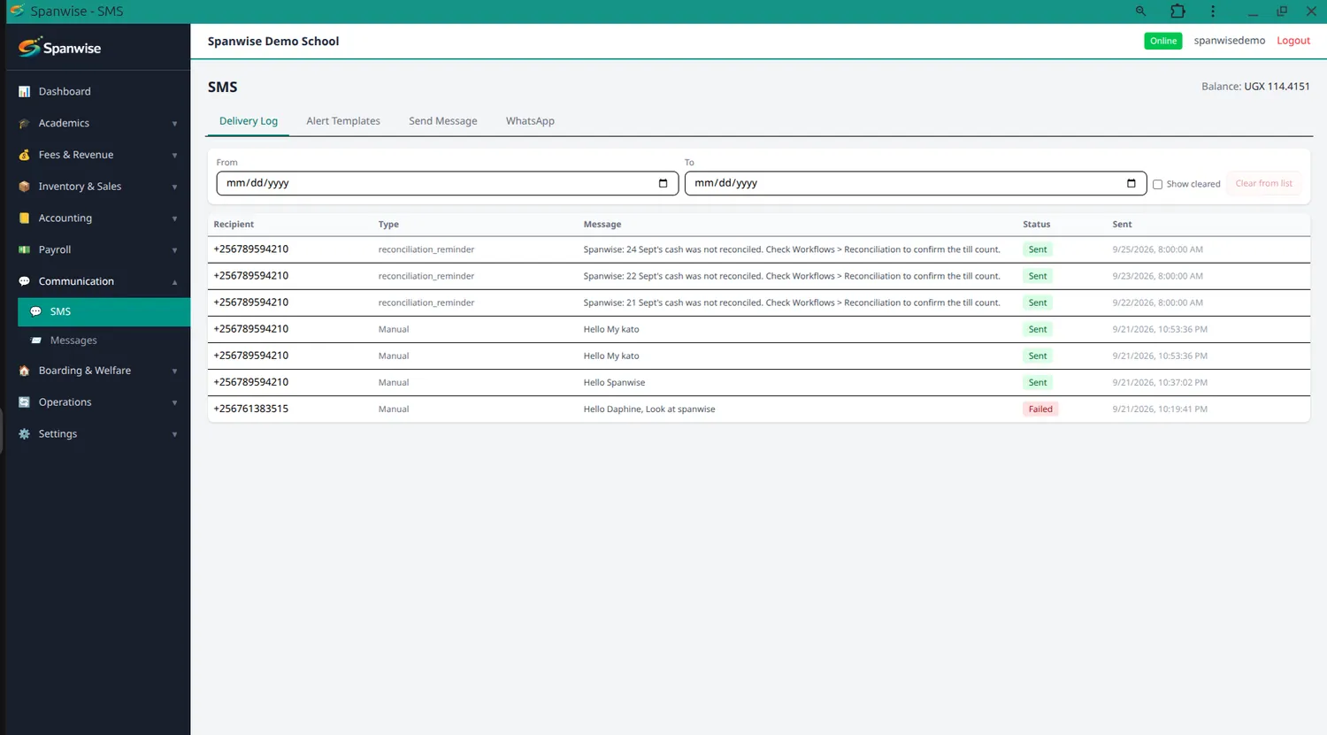 The SMS delivery log with per-message status.