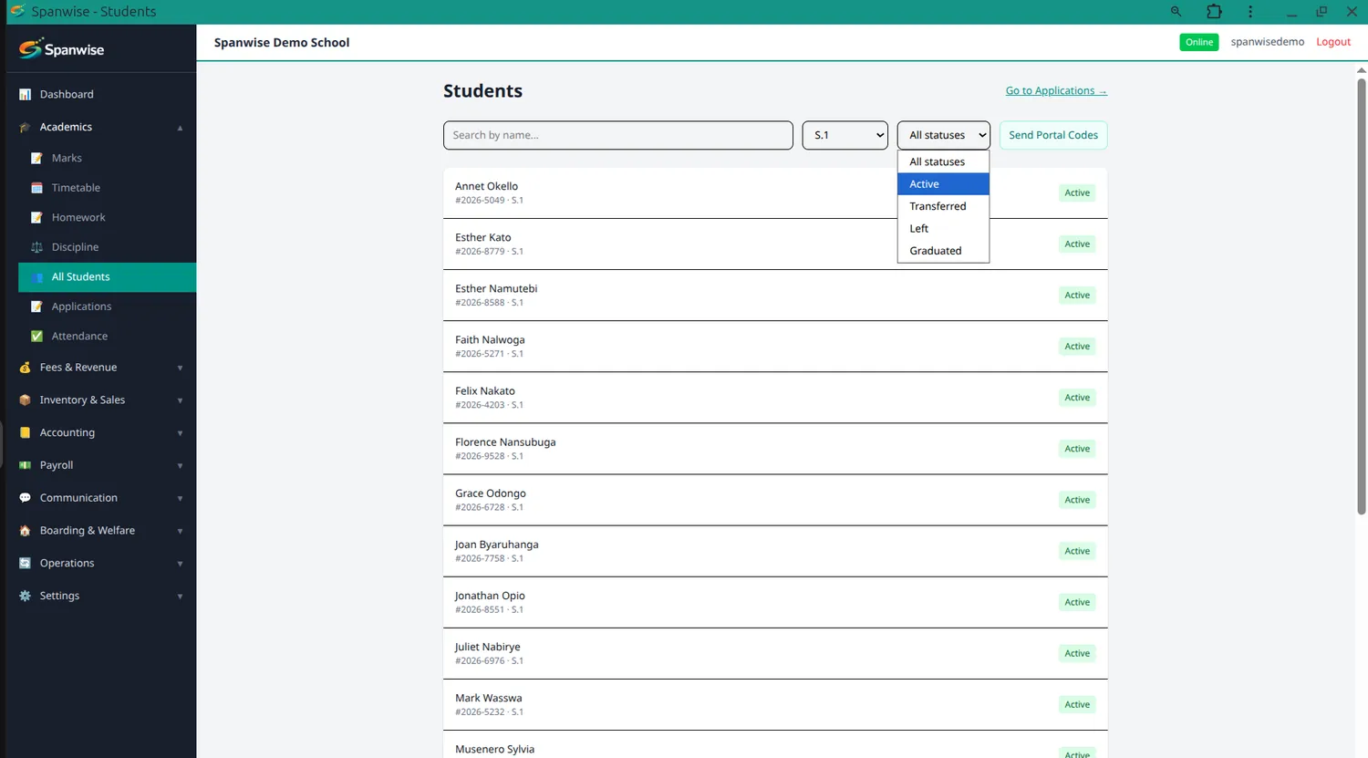 The student list, filtered by class and status.
